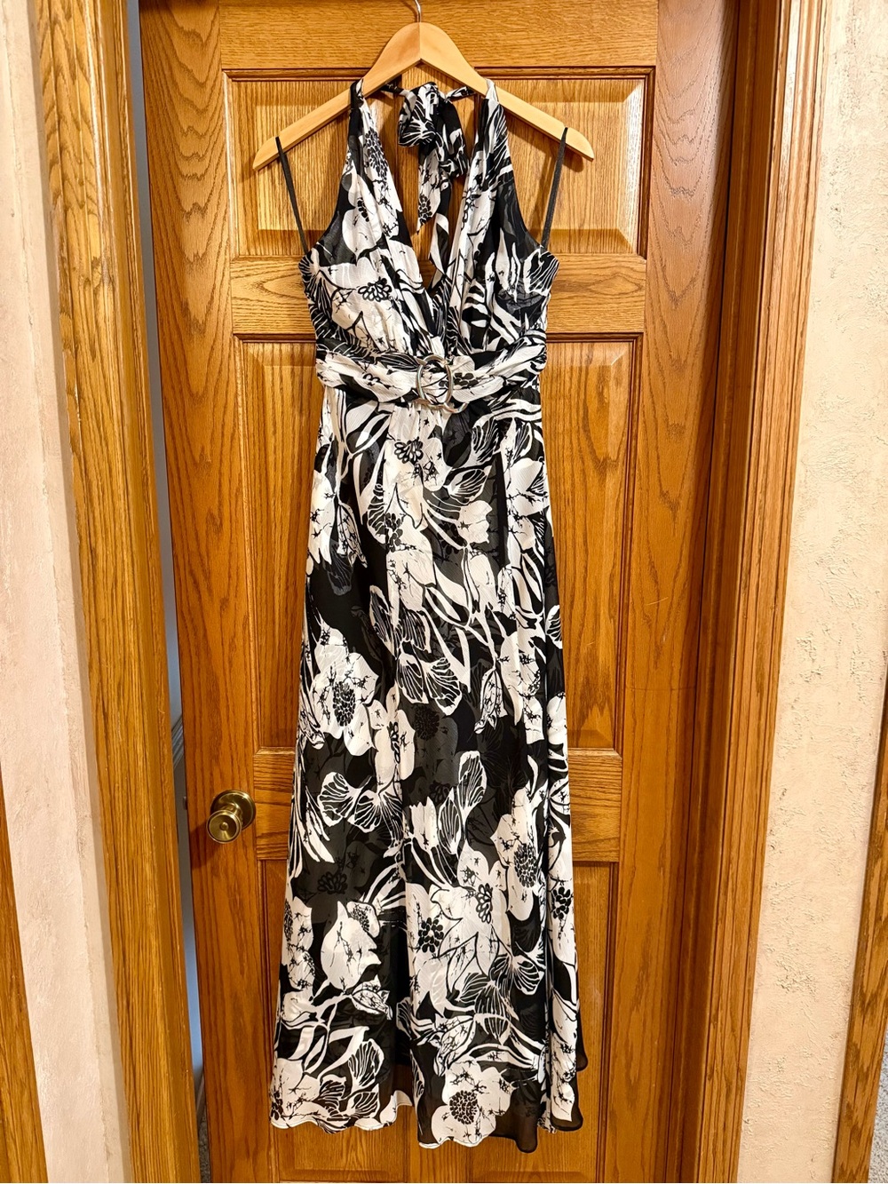 White House Black Market Floral Halter Maxi Dress with silver buckle - size 4